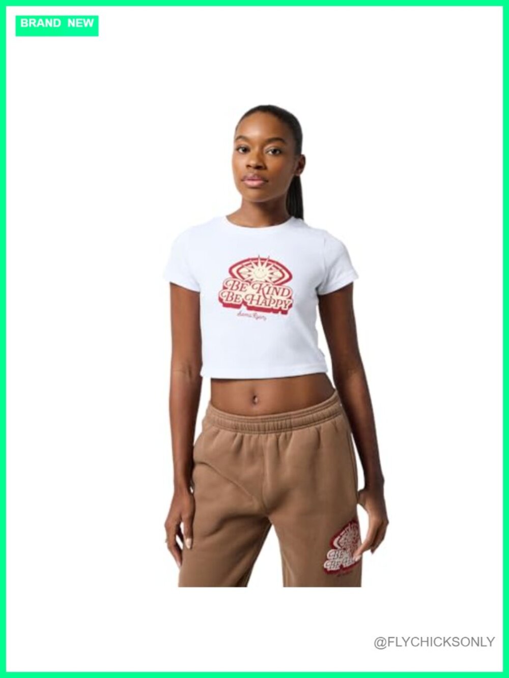 Smiley Be Kind Be Happy Cropped Cotton Tee Crew Neck Short Sleeve